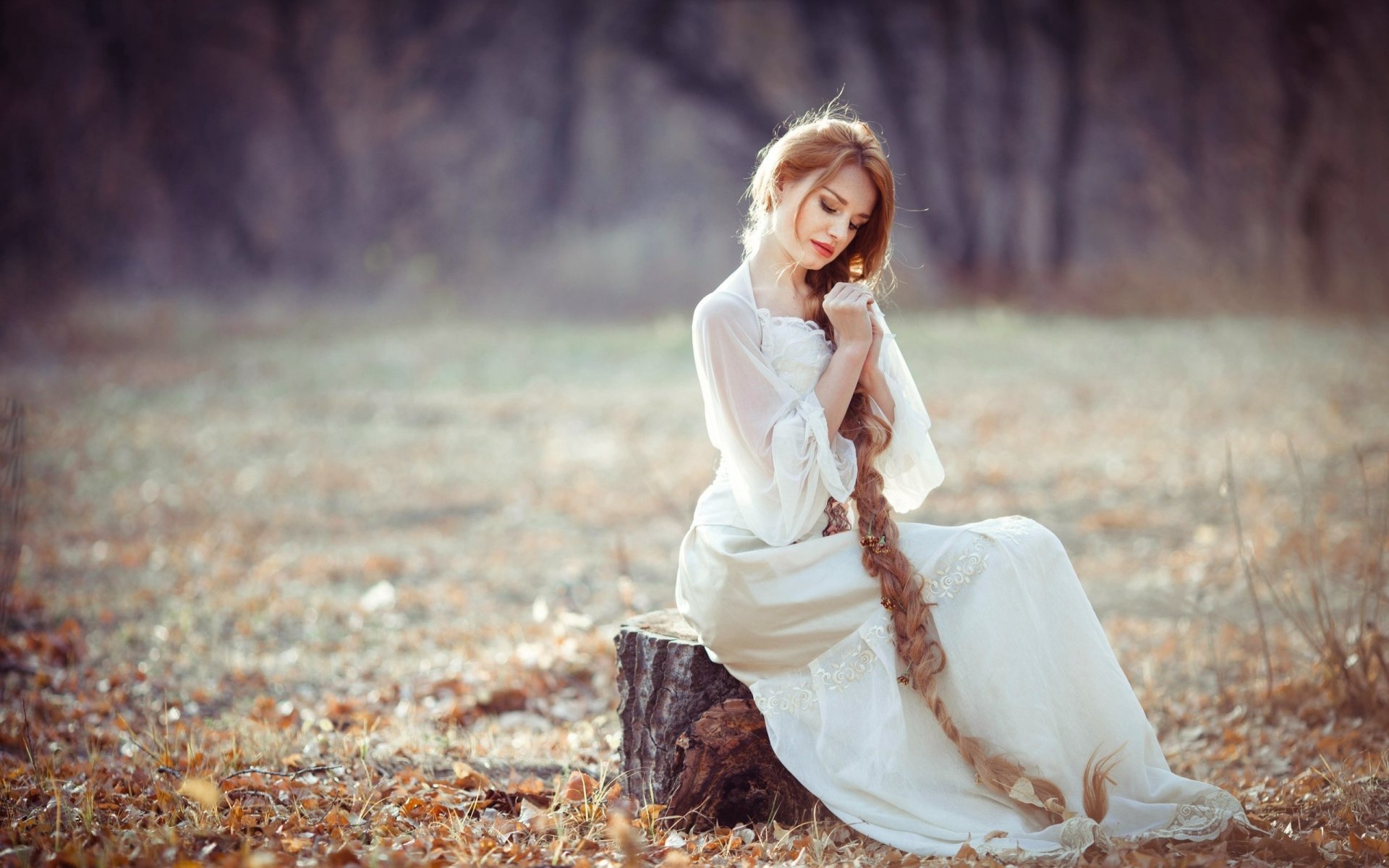 girl blonde view cute couches beautiful model feet figure women models redheads outdoors nature long hair white dresses dresses autumn forest grass spit stump cleavage tree leaves hair wallpaper a