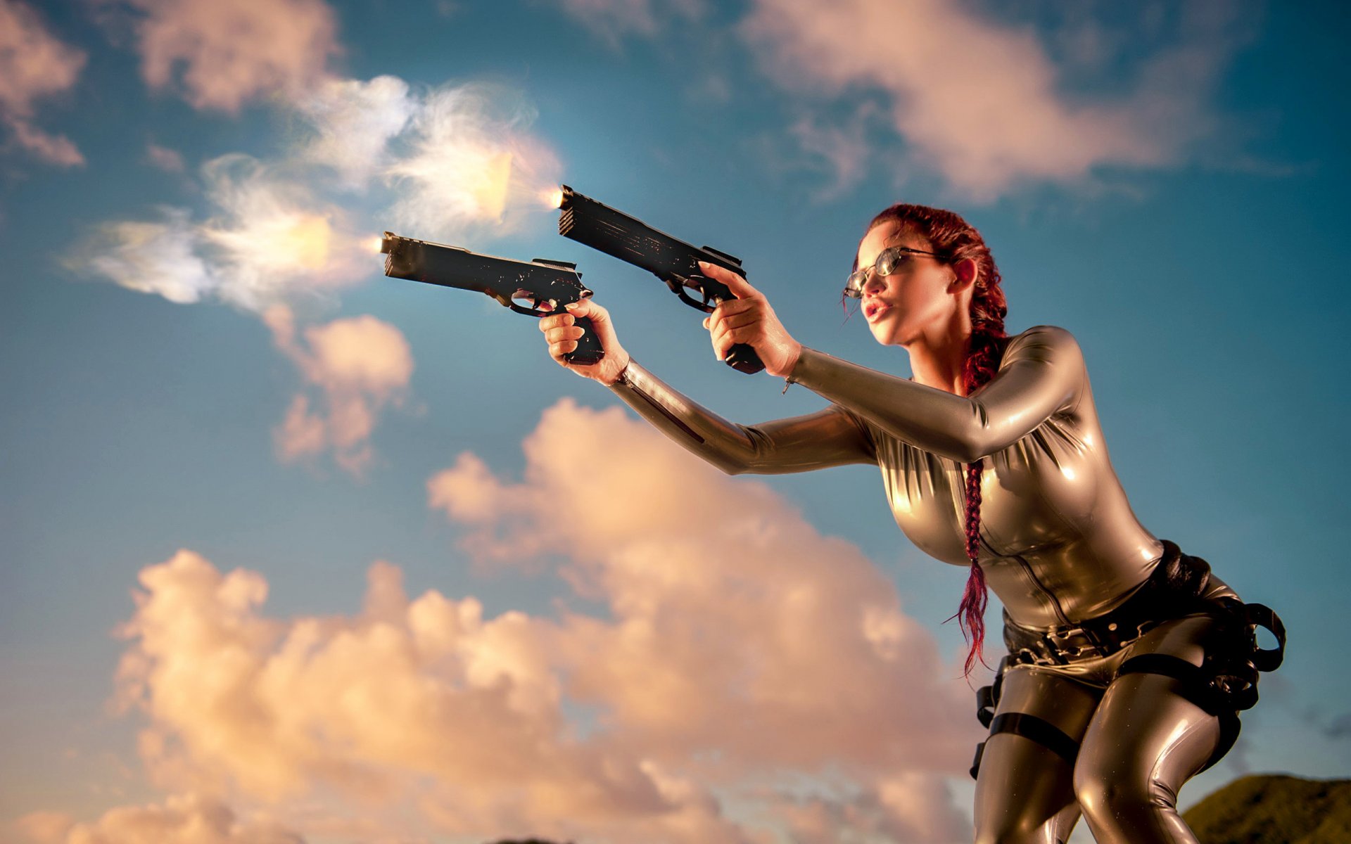 charming girl warrior bianca shoots flash on defeat warrior canadian actress bianca beauchamp tomb raider tight clothes rubber jumpsuit shooting pistols girls and guns tomb raider kit fantasy bianca weapons long braid glasse