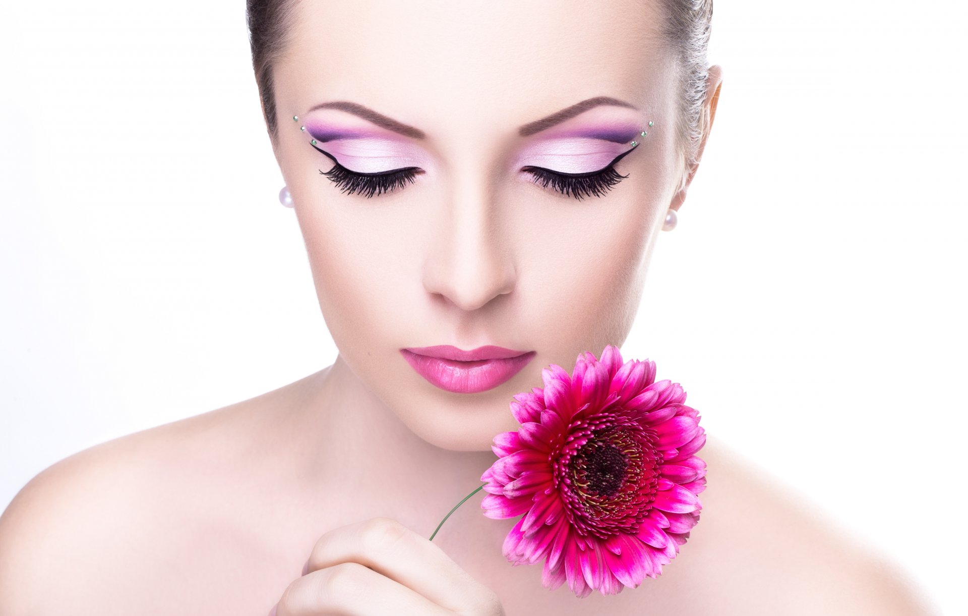 girl model make-up shadow eyelash face lips flower shoulders neck background