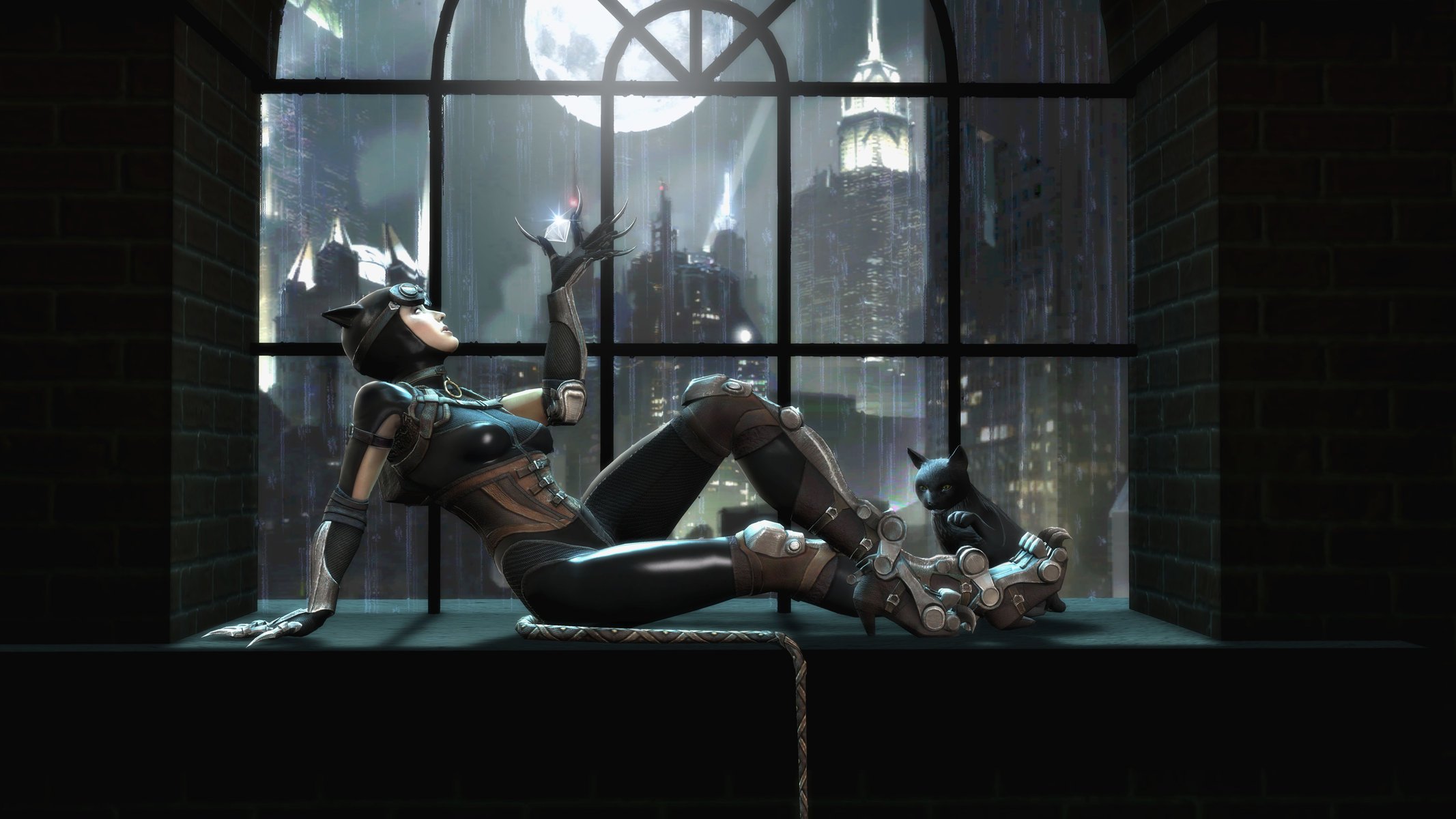 injustice gods among us catwoman window catwoman cat