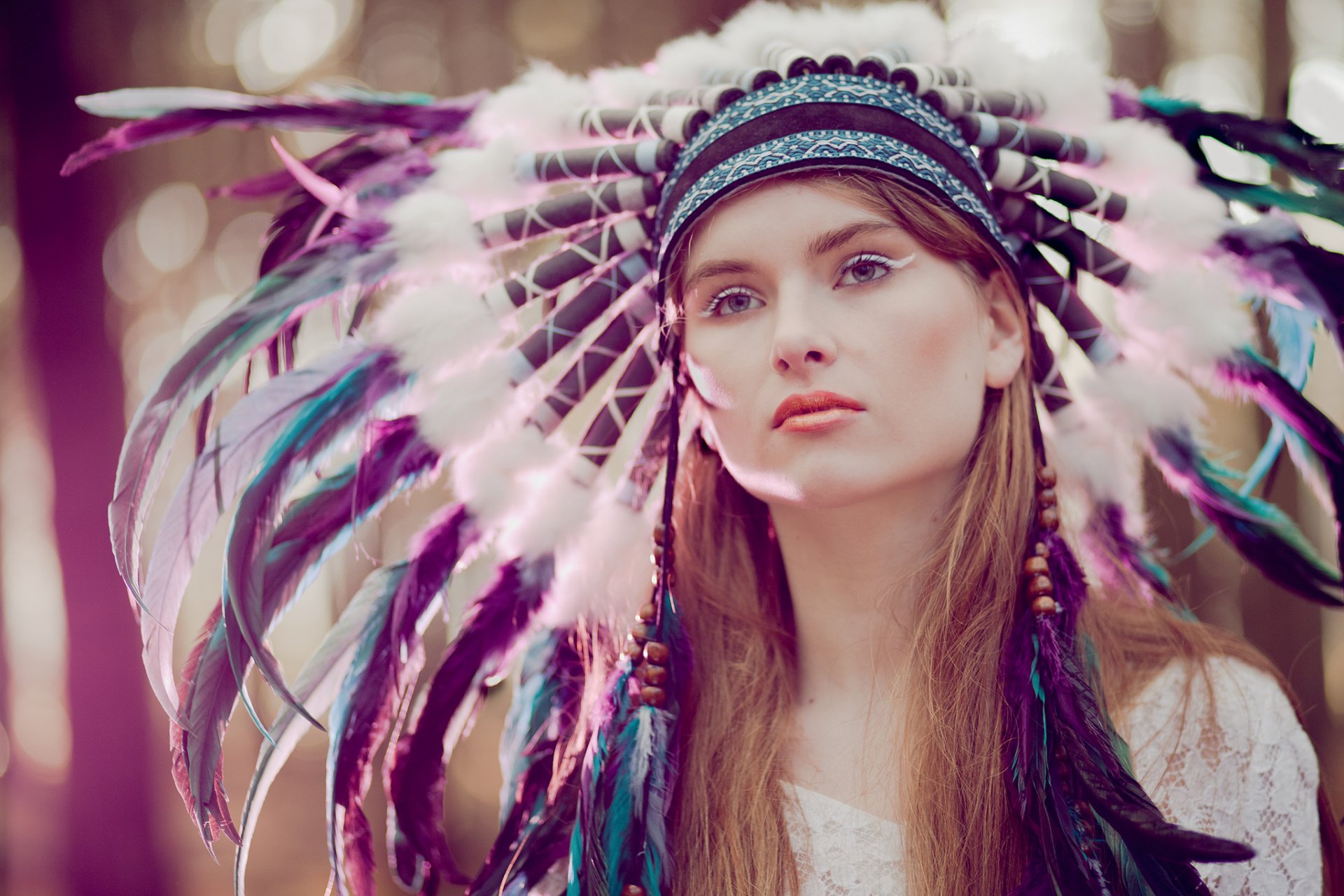 girl face view headwear feather