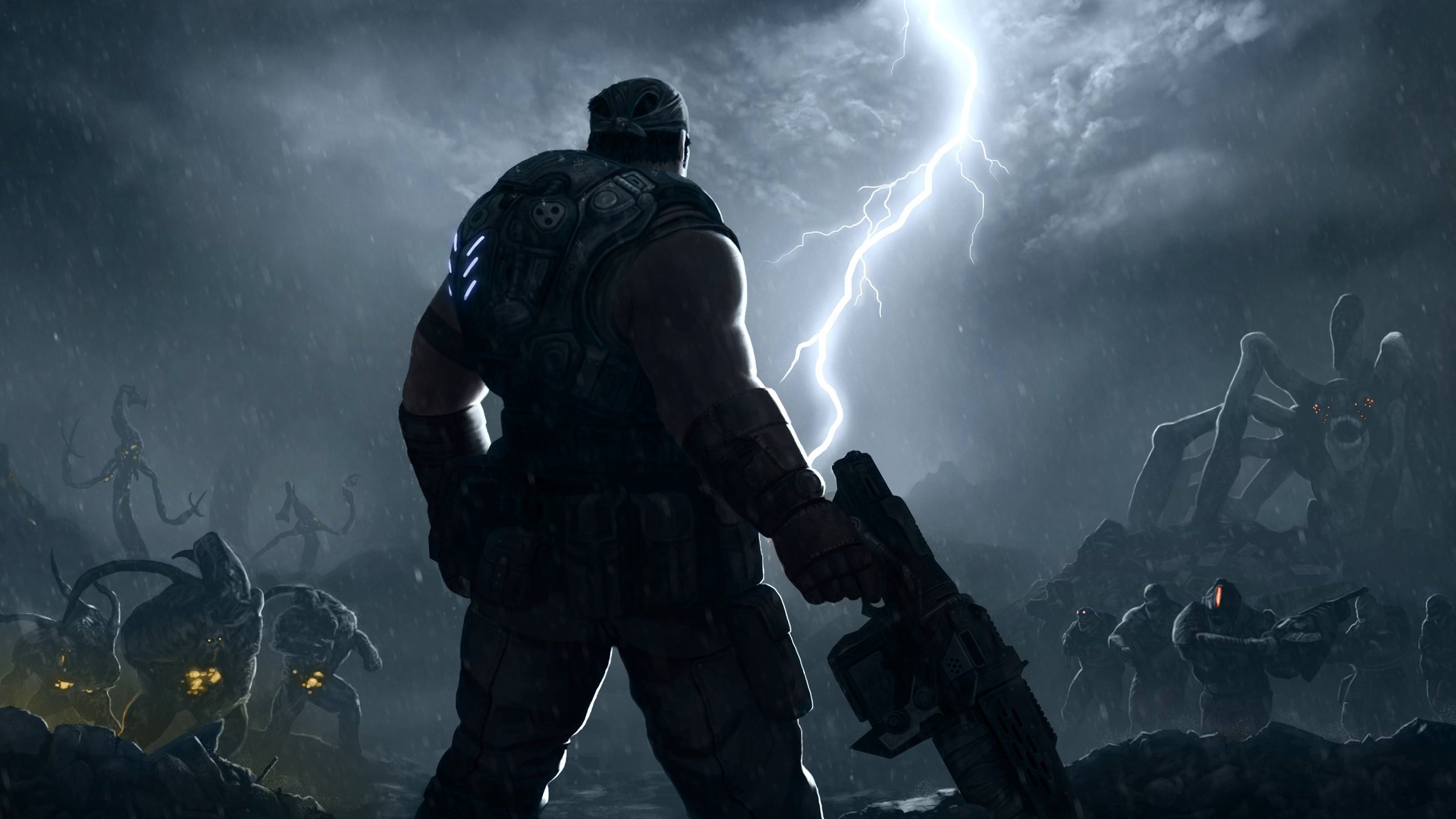 gears of war marcus fenix clouds rain lightning monster