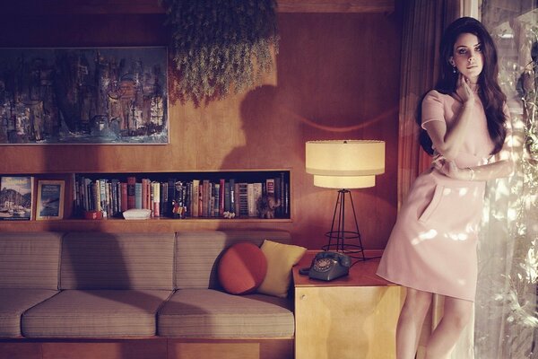 A girl in a pink dress is standing in the room