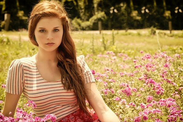 A long-haired girl in sunny weather is sitting in a flower field