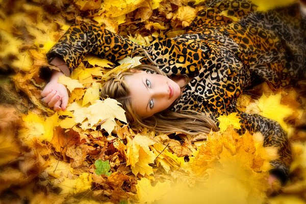 Fille en robe léopard sur feuillage d automne