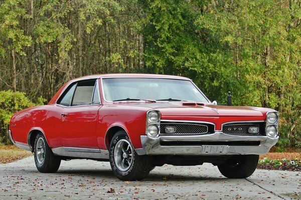 Red hardtop pontiac classic 1967 on the background of a green forest