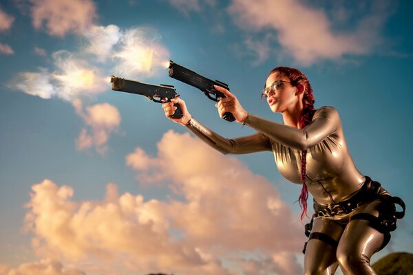 A girl in a tight-fitting suit with pistols in her hands