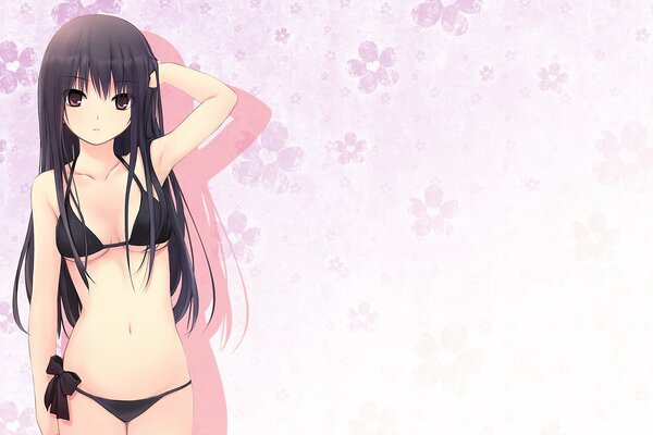 Anime girl is standing in panties and a bra. The hand is in the shafts. The background is pink with flowers