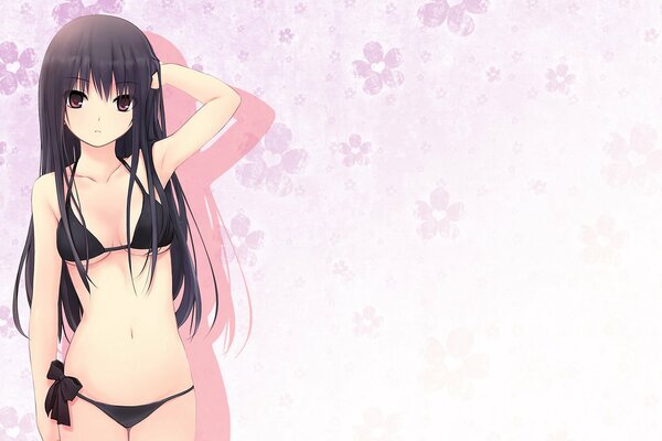 Dziewczyna z anime stoi w majtkach i staniku. Ręka w Wałach. Tło różowe z kwiatami