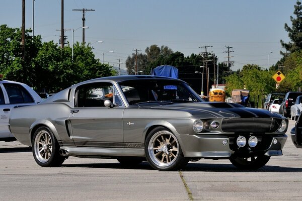 Grey mustang on the road