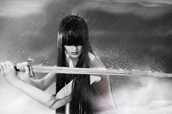 A black and white girl with bangs up to her nose swung a katana