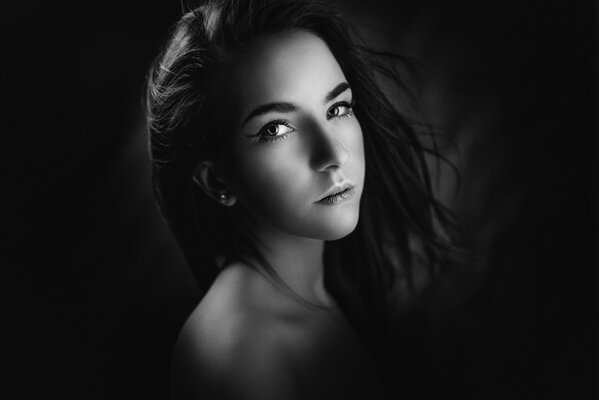 Black and white photo. Portrait of a girl