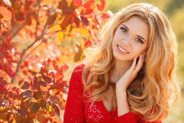 Herbstporträt eines blonden Mädchens im roten Sweatshirt