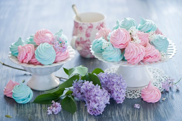 Meringa rosa e blu in vasi vicino a un ramo di lillà