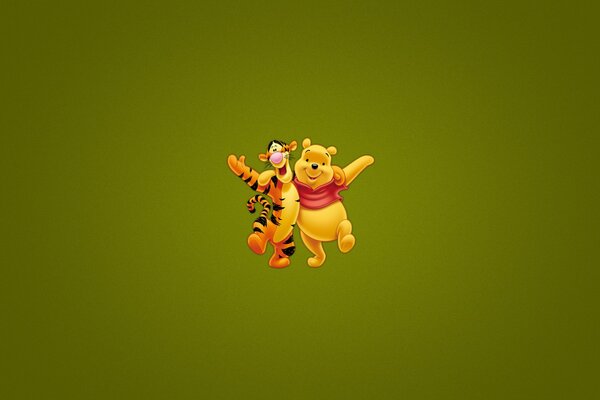 Winnie the Pooh e tigre in un abbraccio su sfondo verde scuro