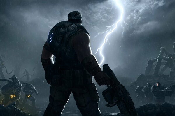 A man with a gun in his hand among monsters during lightning