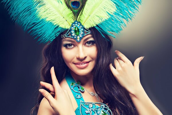 A girl with colored feathers on her head