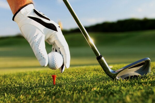 Foto mano enguantada pone la pelota, juego de golf