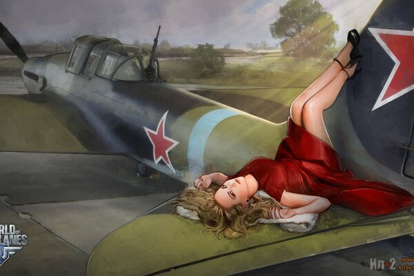 Mädchen im roten Kleid, das auf einem sowjetischen Flugzeug liegt