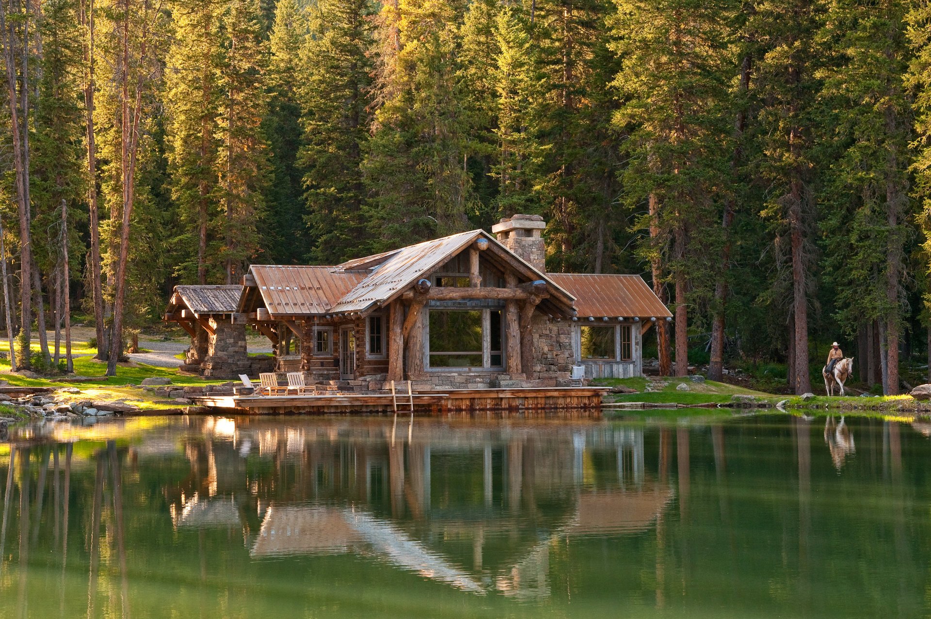 casa árboles lago agua bosque verano