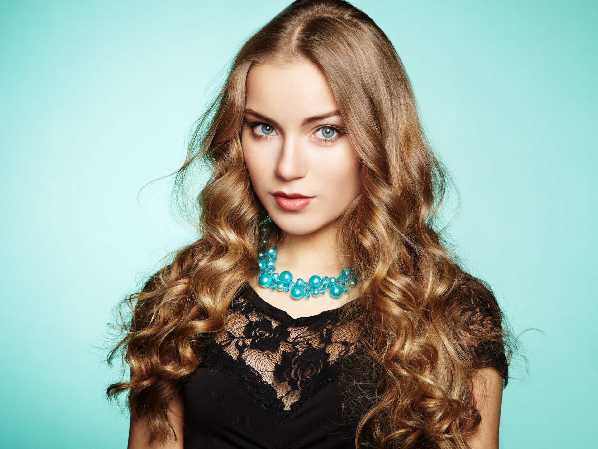 girl model view make-up blue eyes hair wavy dress background