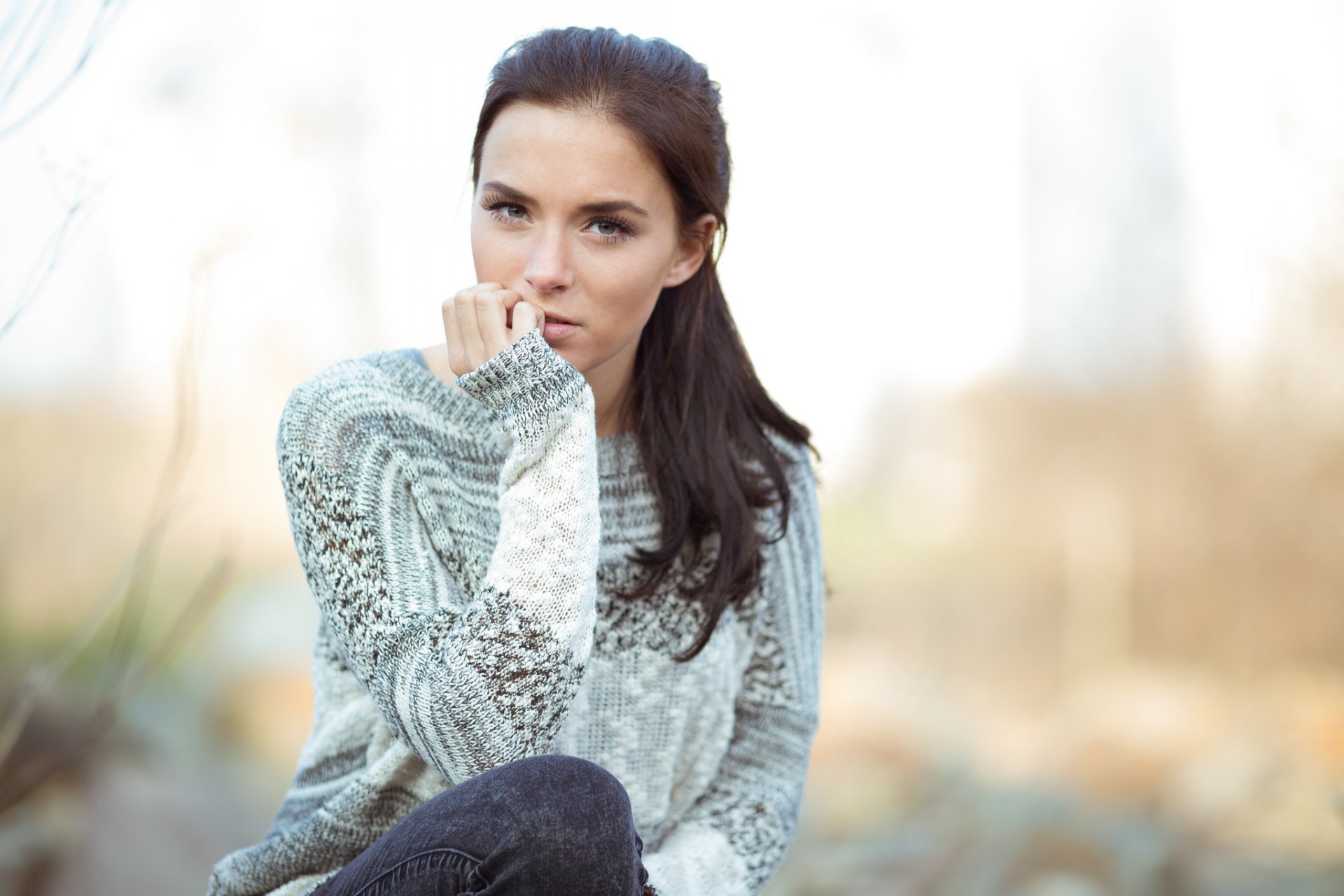 girl view eyelash hair face hand jacket sitting