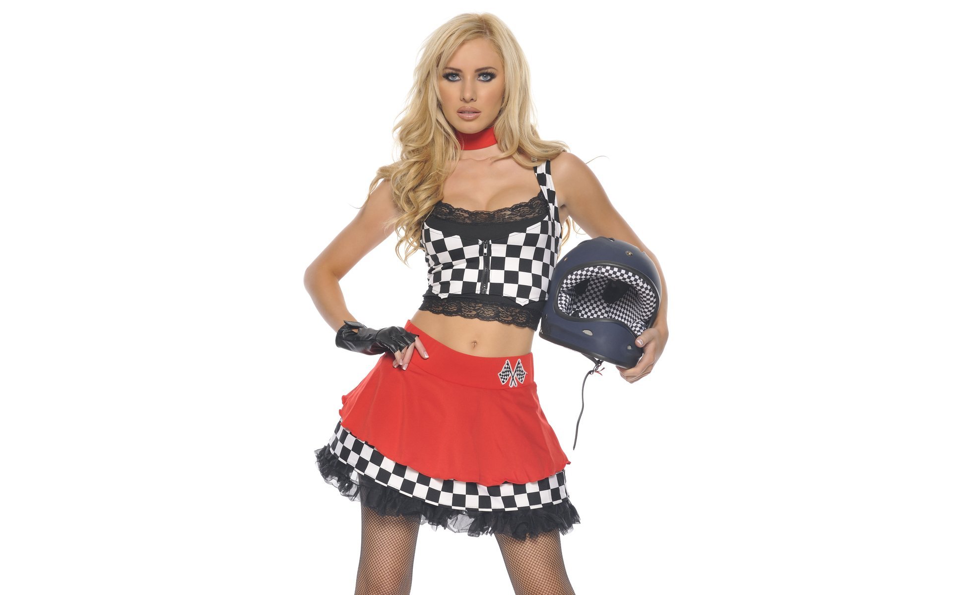 tiffany toth fille blonde debout fond uniforme coureur casque visage