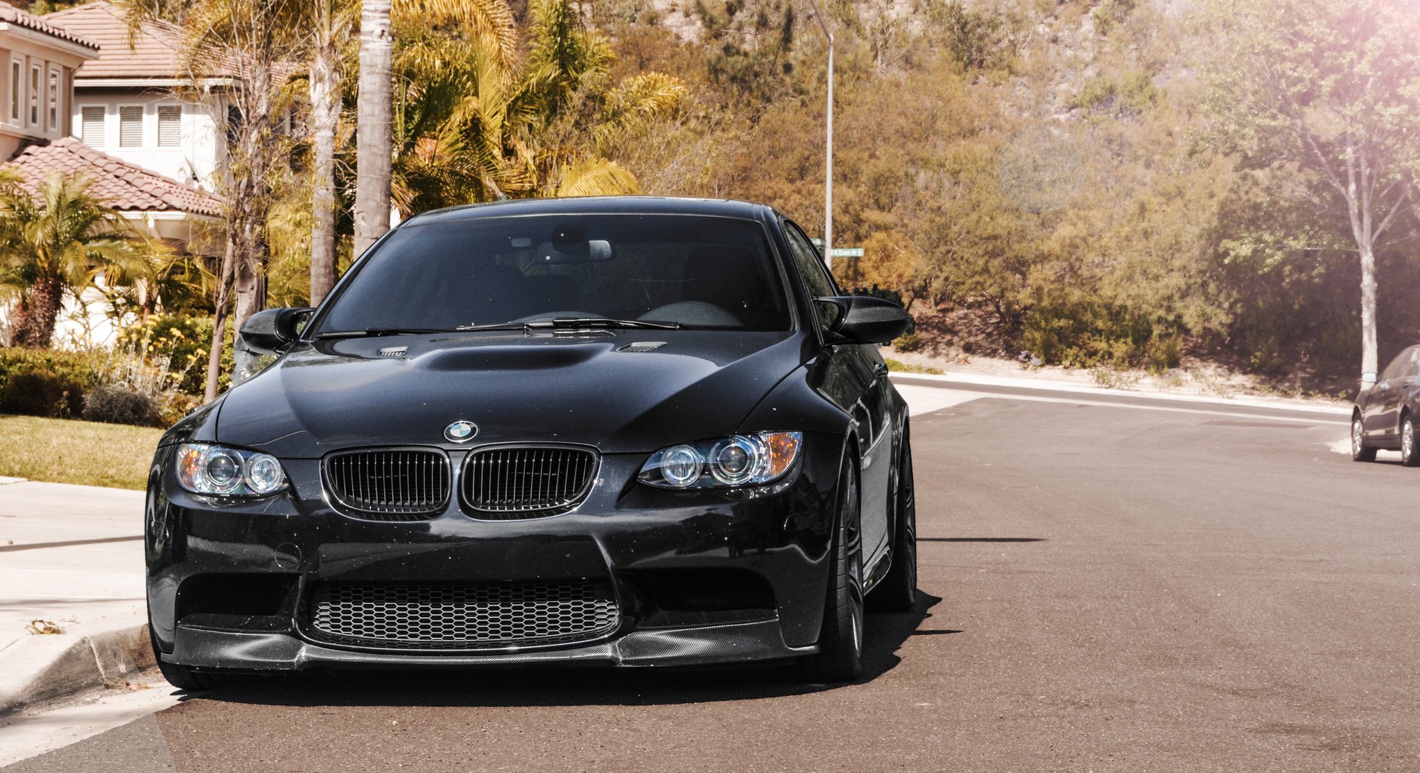 bmw black e92 m3 trees bmw black street front road