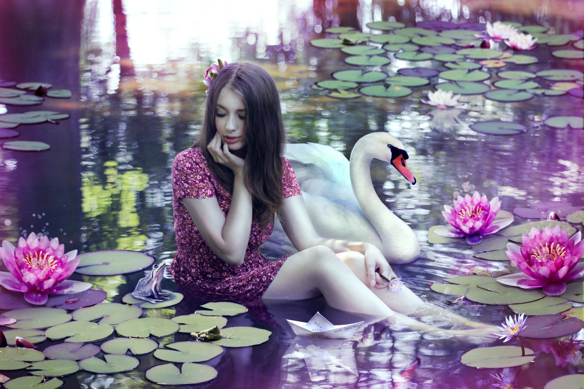 girl waterlily swan toad paper boat water magic