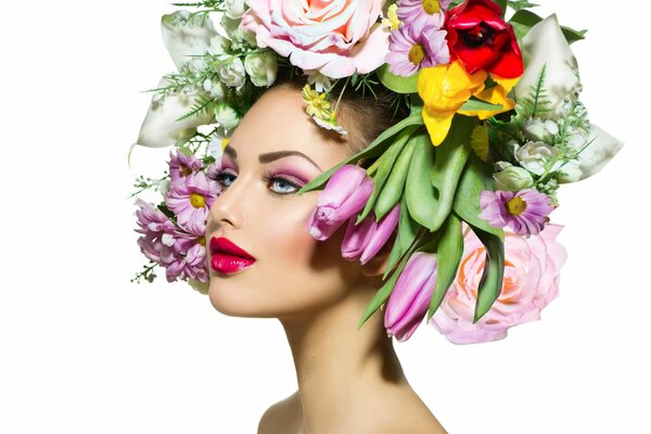 Girl in profile with hair flowers