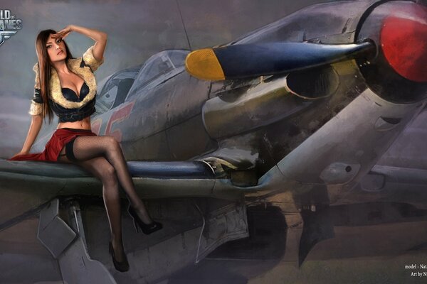 Chica en medias en el ala de un avión world warplanes