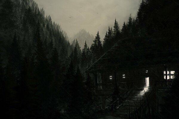 Ein einsames Haus in der Finsternis des Waldes