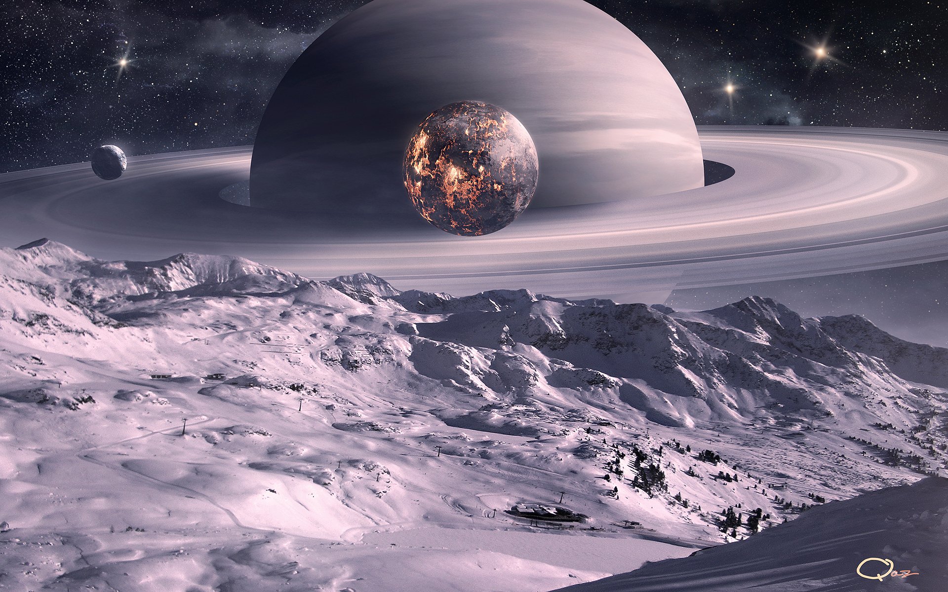 art space planets moon satellite rings landscape snow trees surface