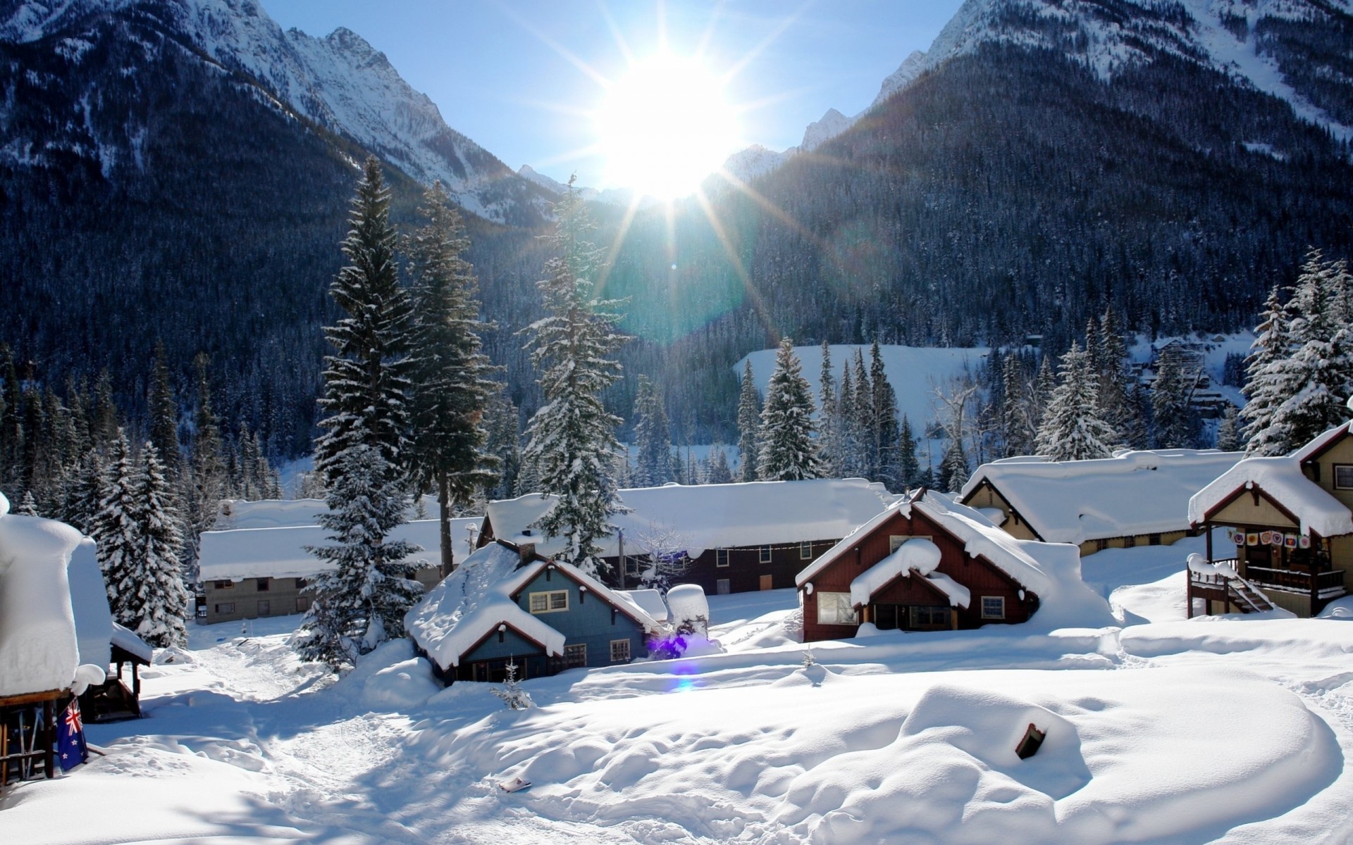 nieve montañas soleado casa panorama invierno fotografía paisajes