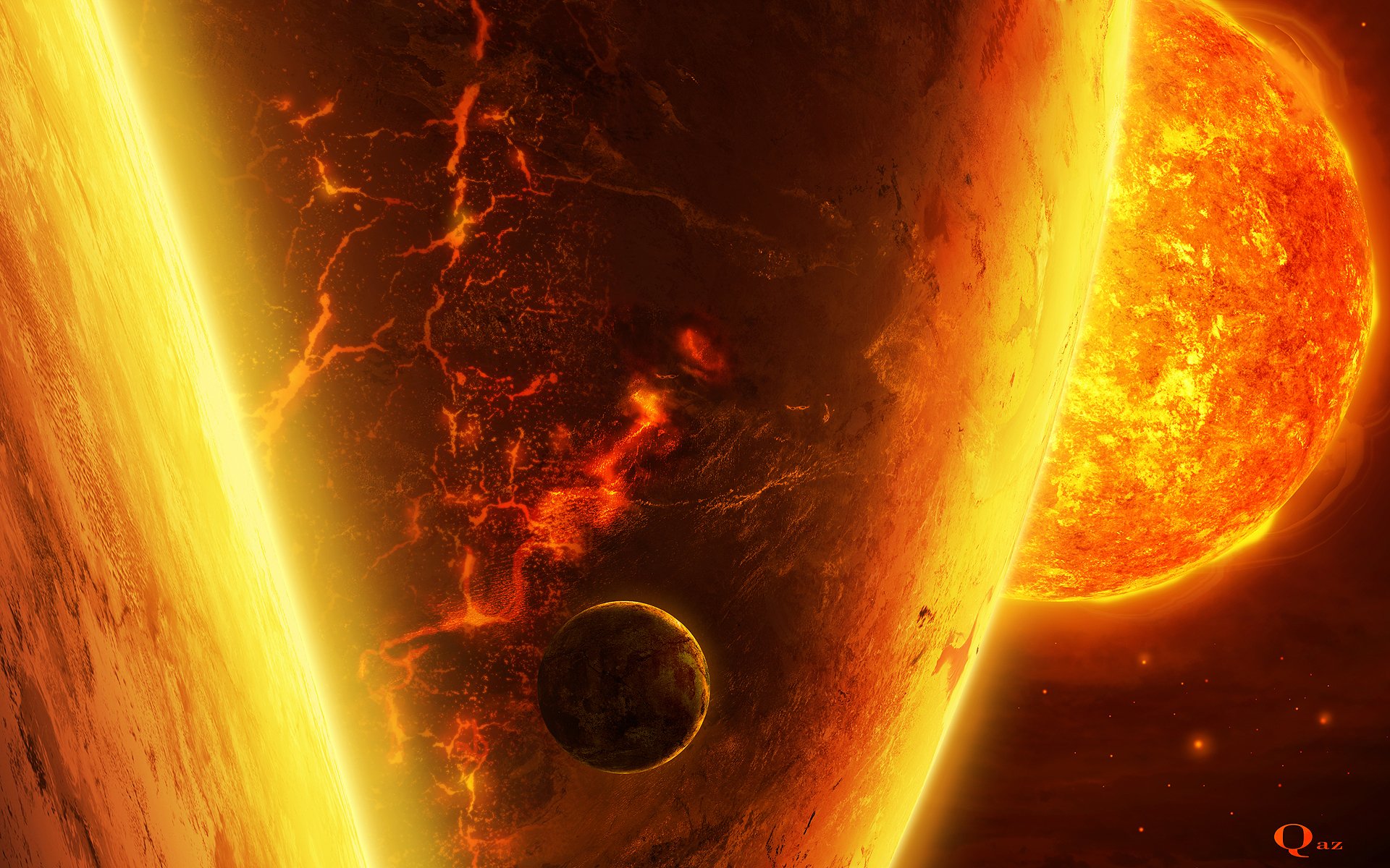 arte espacio planetas satélite sol estrella gigante grietas lava fuego