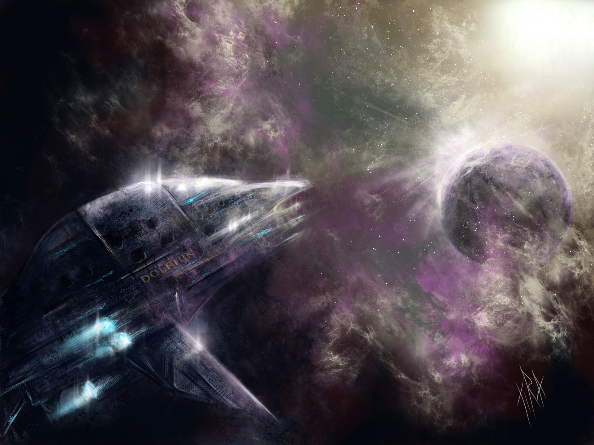 art space ship shuttle dolphin planet star nebula