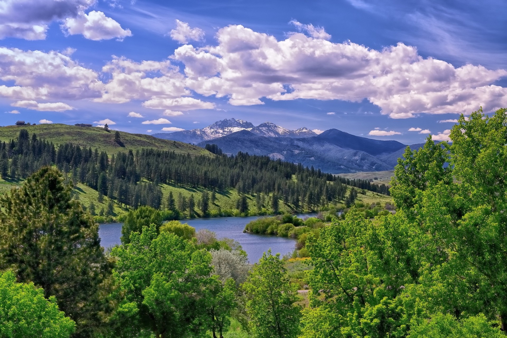 paysage vallée arbres nuages lac montagnes washington