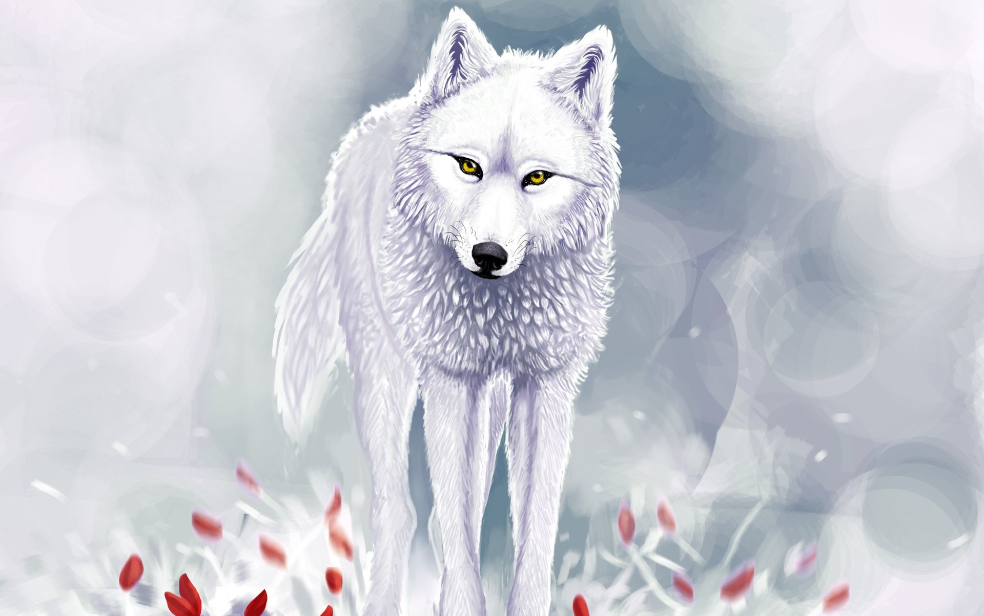 white wolf snow winter red flower