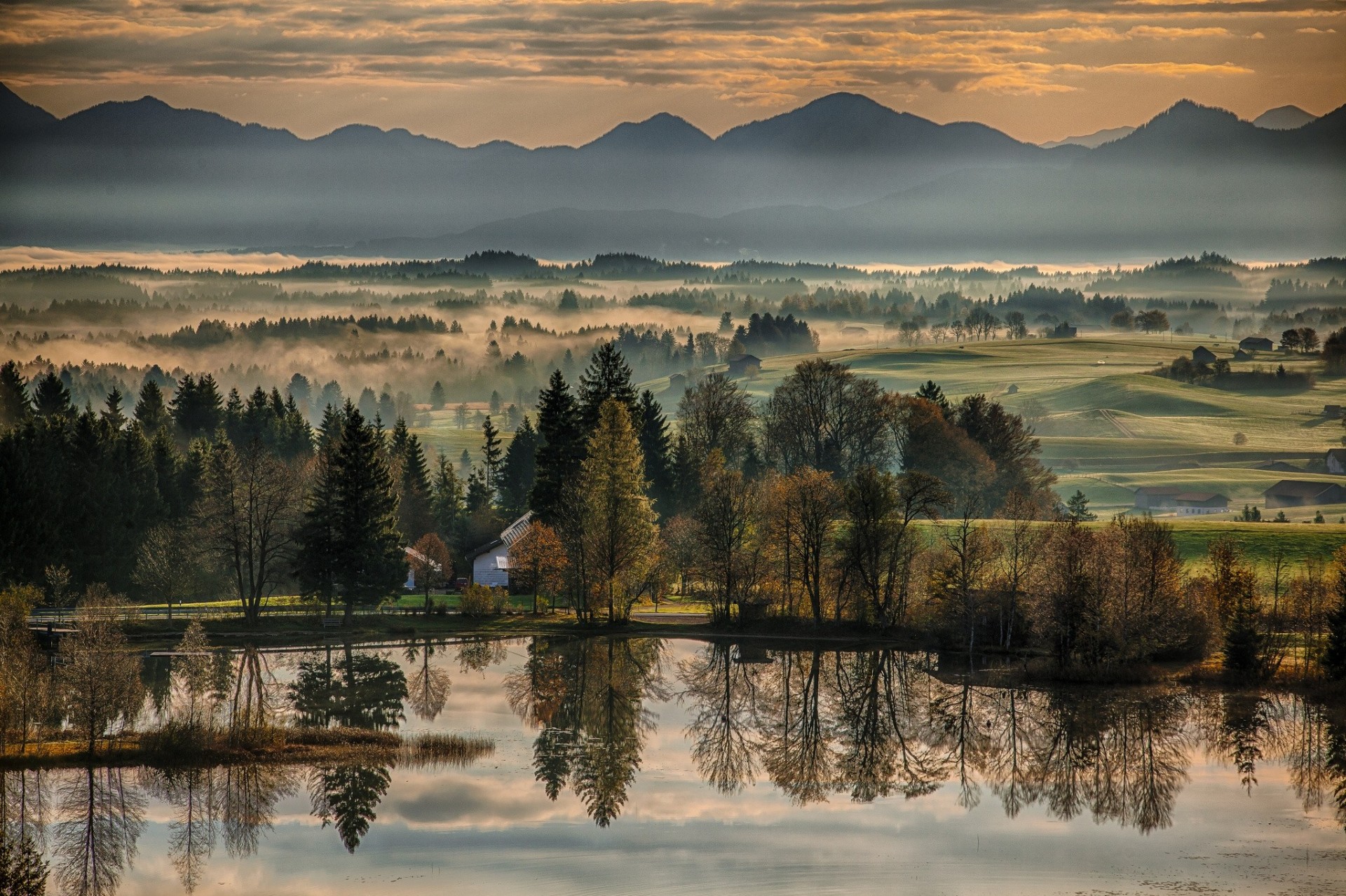 landscape wildsteig river reflection trees morning central park bavaria germany autumn renovation mountain