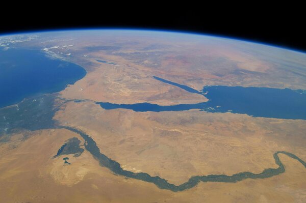A picture of the earth from space, the Nile, the Red Sea, the Mediterranean Sea, the Sinai Peninsula