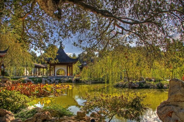 Picturesque gazebo by the pond in China