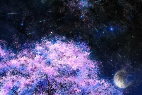 Art sakura tree under the starfall