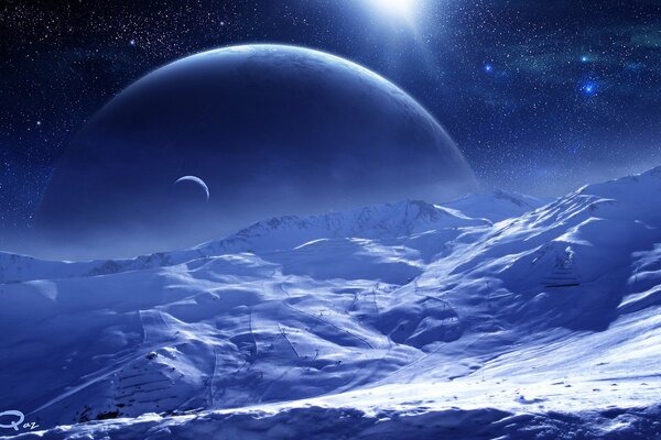 The snowy surface of the planet against the background of space and stars