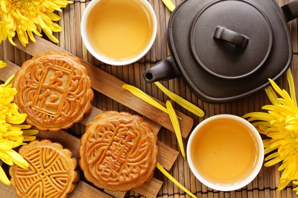 Serving Chinese-style tea with cookies