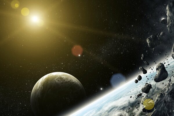 Фантастический арт падения метеорита на планету