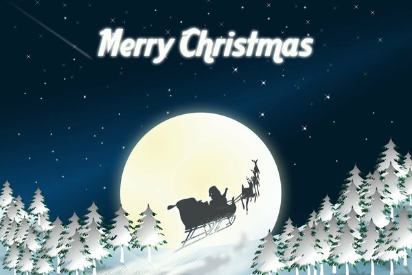 Santa Claus with reindeer on the background of the moon at night