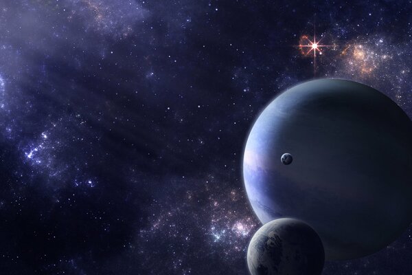 El planeta Tierra y el satélite en el fondo de un enorme planeta azul en el espacio