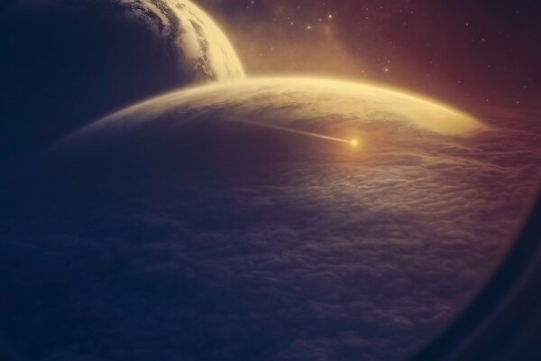 Vista desde la ventana de la nave espacial, la caída de un asteroide