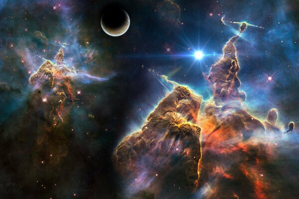 Arte nebulosa del espacio, estrellas y planeta