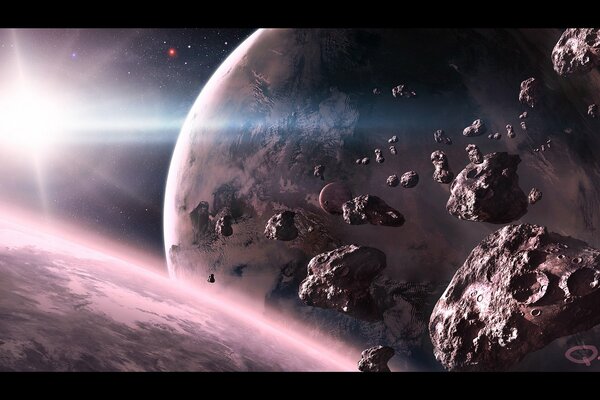 Kosmiczne asteroidy, planety i słońce